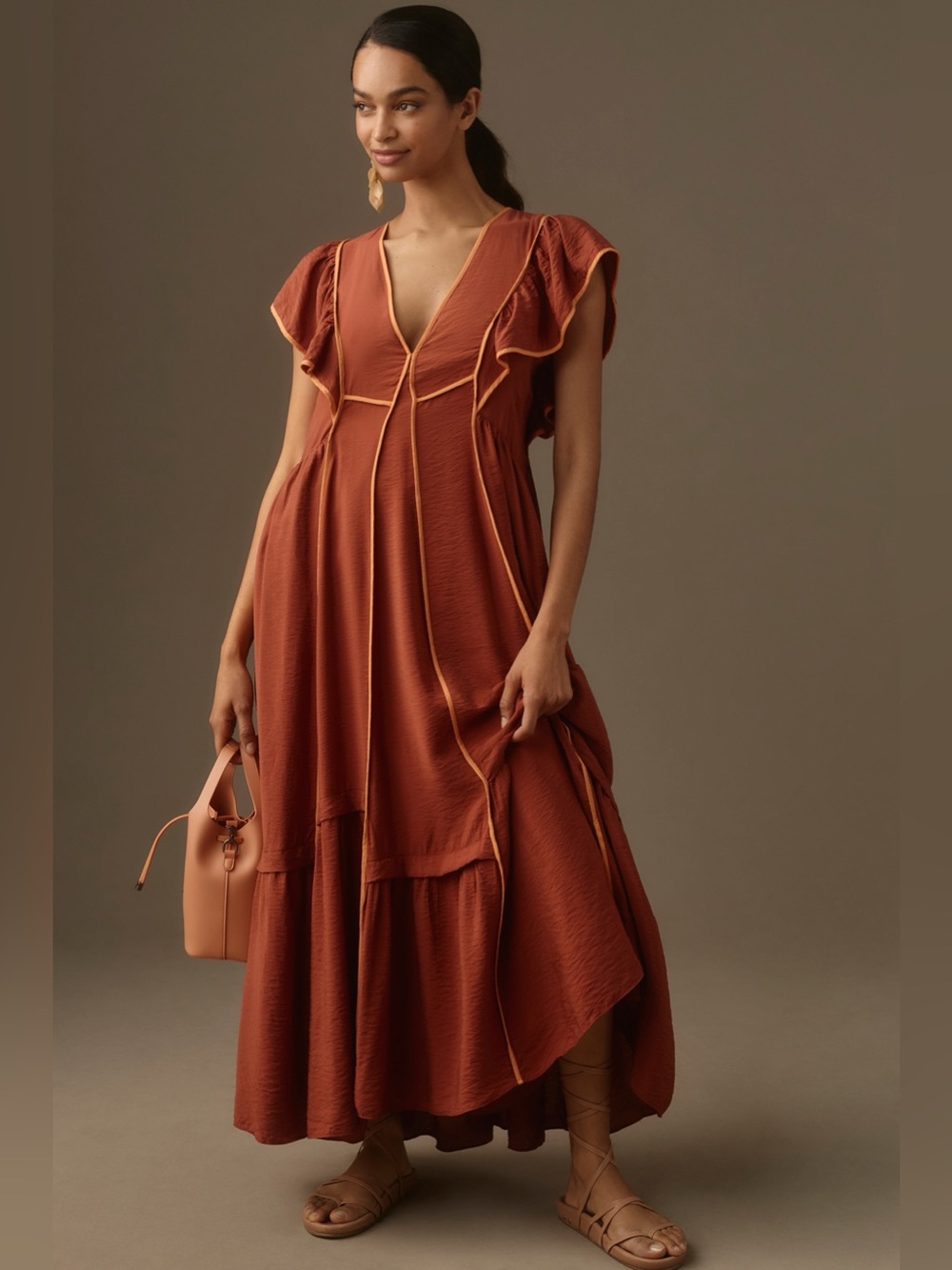 Rust Ruffle-Sleeve Maxi Dress - Women's
